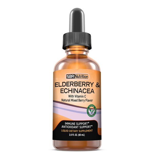 SBR Nutrition Immune Support Liquid Dietary Supplement for Adults, Elderberry and Echinacea with Vitamin C, Organic, Vegan Sambucus Extract Immune System Booster, 2 oz (60 mL)