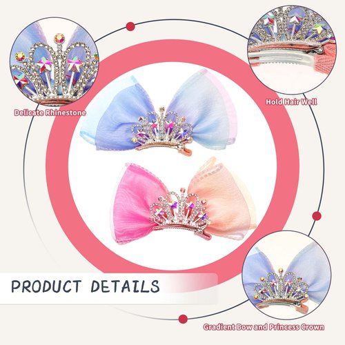 2 Pcs Crown Hair Clip for Girls, Birthday Hair Bow Crown Hair Barrettes for Toddlers Kids Princess