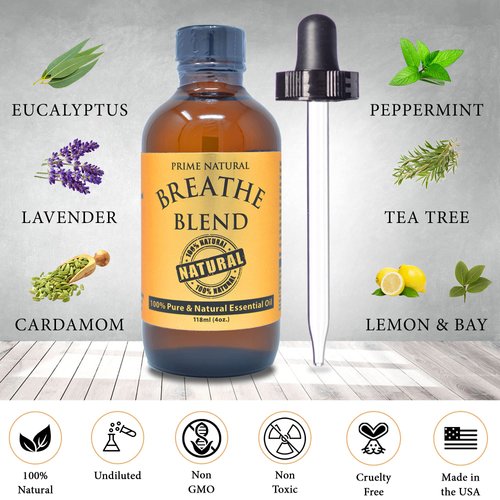 Prime Natural Breathe Essential Oil Blend 4oz - Pure, Undiluted Therapeutic Grade for Aromatherapy, Scents & Diffuser - Sinus Relief, Allergy, Congestion, Cold, Cough, Headache