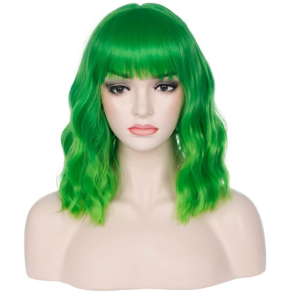 incohair 14 Inches Green Ombre Wig with Bangs Women Girls Short Curly Wavy Bob Wig Shoulder Synthetic Halloween Party Wigs Wig Cap Included (Ombre Green)…