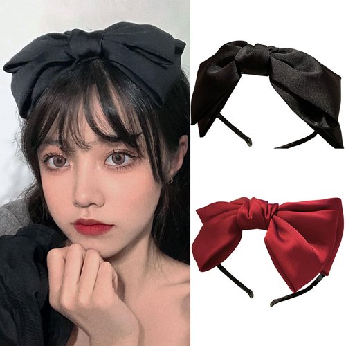 2 PCS Bow Headbands Vintage Big Bowknot Hair Hoop for Women Girls Double Layer Bow Hair Accessories for Cosplay Costume Sweet Style Ladies Hair Decoration (Red, Black)