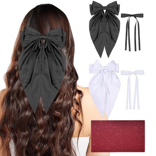 Yoseng Hair Bows Set: 4pcs Ribbon Hair Clips with Bowknots and Long Tails, 2 Sizes, for Women and Girls (Black, White)