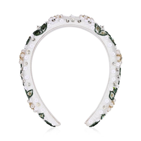 Joyfulmuze Handcrafted Beaded Headband for Women, White Green Gold Floral Design for Bridal and Weddings, Spring and Summer Fashion Headpieces, Gift for Women and Girls (White)