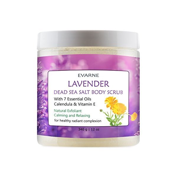 Evarne Lavender Dead Sea Salt Body Scrub with 7 Essential Oils Calendula and Vitamin E