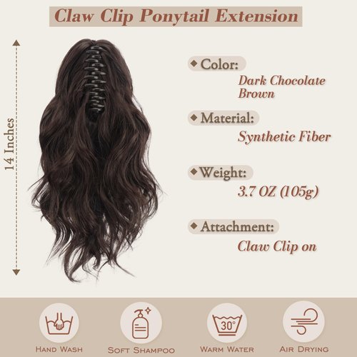 BARSDAR Short Wavy Ponytail Extension - 14 In Claw Clip Ponytail Hair Extensions for Women - Brown Hair Soft Synthetic Clip in Pony Tails Hairpieces Girls Daily Party - Chestnut Brown