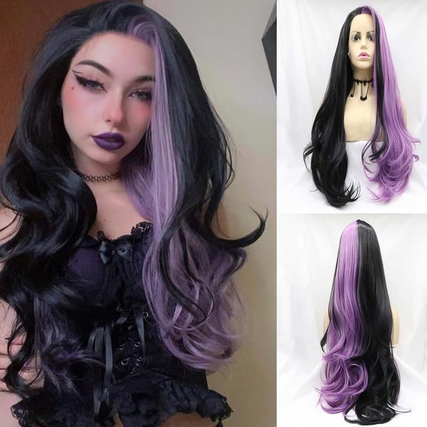 xiweiya Purple Black Half Color Wig 2Tones Side Part Long Body Wave Half Mixed Purple Synthetic Lace Front Wig Natural Hairline Heat Resistant Fiber 180% Density Hair for Women 26inch