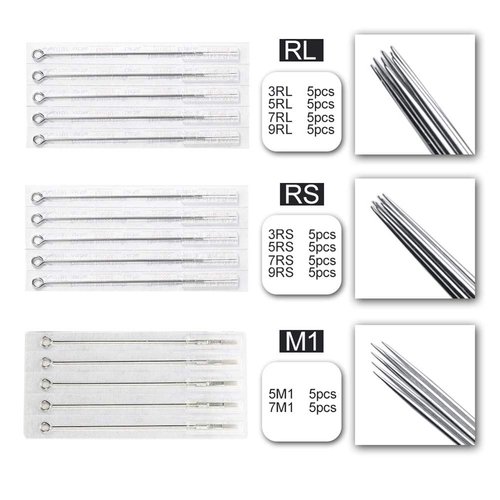 Tattoo Needles & Tips Set, ATOMUS 50pcs Disposable Mixed Tattoo Needles + 50pcs Assorted Tattoo Needles Tips, 5pcs of each-3rl 5rl 7rl 9rl 3rs 5rs 7rs 9rs 5m1 7m1 3RT 5RT 7RT 9RT 3DT 5DT