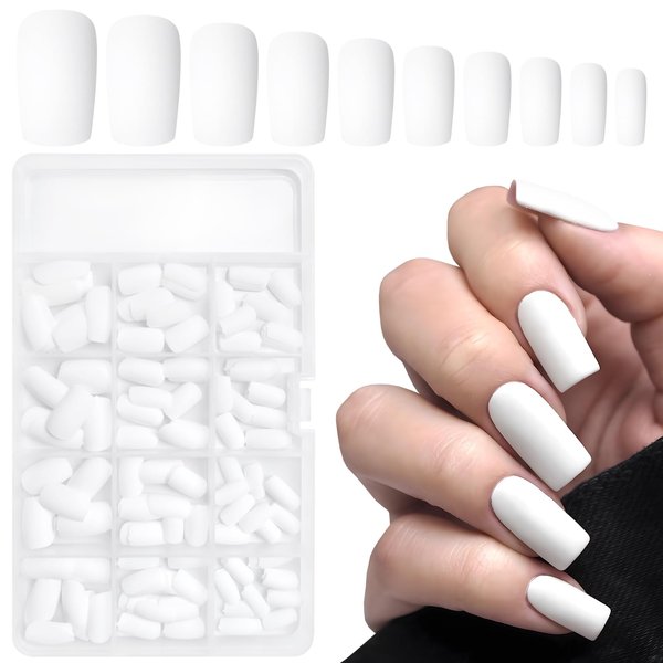 LuckForever 240pc Matte Square Press on Nails Medium Glue on Nails White Fake Nails Medium Square Acrylic Nails Press on Nails Full Cover Artificial False Fingernails with Nail Glue Adhesive Tabs