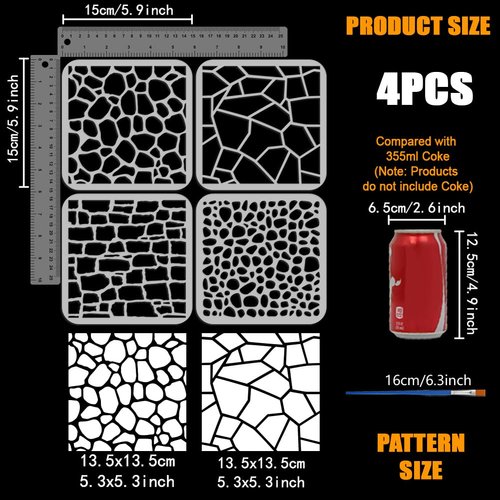 FINGERINSPIRE 4PCS Stone Grain Stencils for Painting with Brush 5.9x5.9inch Reusable Irregular Pattern Template Hollowed Wall Art Stencil Plastic PET Daily Theme Template for Furniture Decoration