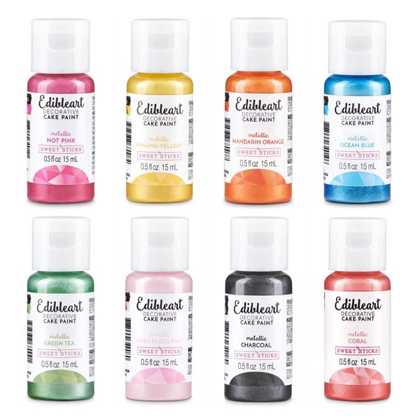 Sweet Sticks Edible Art Decorative Cake Paint 0.5 Ounce (15 Milliliters), 8-Metallic-Color Set # 2