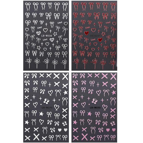 4 Sheets Embossed Bow Nail Stickers,Cute Bows Ribbon Nail Art Stickers Pink Red White French Bowknot Star Heart Nail Decals Y2K Butterfly Sticker Nails for Nail Design Nail Decor Nail Art Supplies