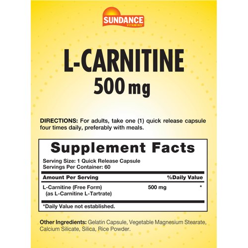 L-Carnitine 500mg | 60 Capsules | Free Form Amino Acid | Non-GMO and Gluten Free Supplement | by Sundance