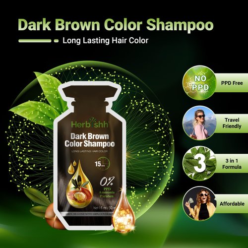 Herbishh Hair Color Shampoo 10 Sachet +1 Argan Hair Mask Pouch | 3 in 1 Hair Dye | PPD Free | Easy to Use | Gray Coverage | Travel Size | Available in 6 Colors (Dark Brown)