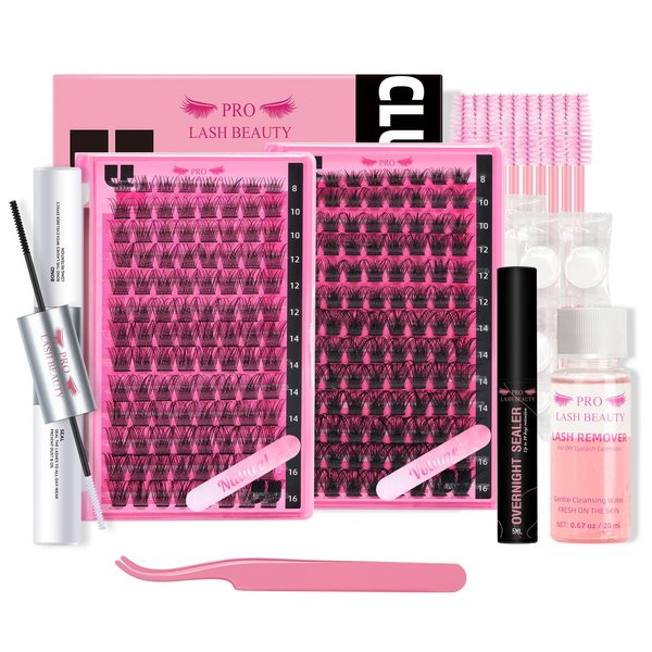 DIY Lash Extension Kit Cluster Lashes Kit with 208 Pcs Lash Clusters Lash Bond Remover Eyelash Applicator Beginner DIY Lashes Kit Easy to Use(Volume+Natrual Kit)