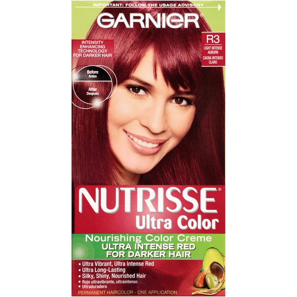 Garnier Nutrisse Ultra Color Nourishing Permanent Hair Color Cream, R3 Light Intense Auburn (1 Kit) Red Hair Dye (Packaging May Vary)