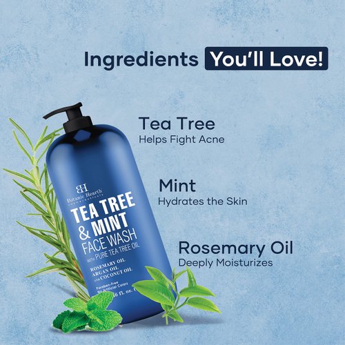 Botanic Hearth Tea Tree Face Wash with Mint - Acne Fighting, Premium, Hydrating Liquid Face Soap with Pure Tea Tree Oil - for Women and Men, Paraben Free, Fights Acne - 16 fl oz