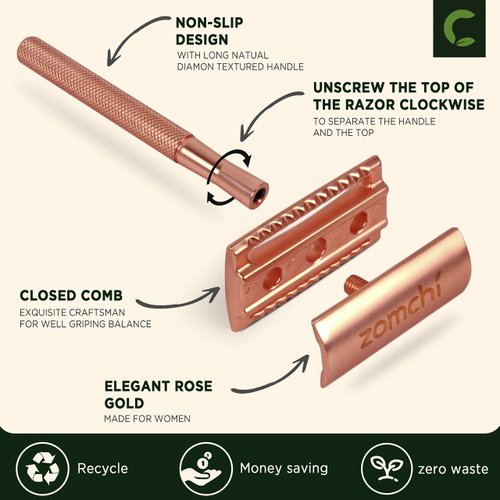 Double Edge Safety Razor for Women, Men's Safety Razor with 5 Blades, Women Razor with a Delicate Box, Fits All Double Edge Razor Blades,Free of Plastic (Rose Gold)