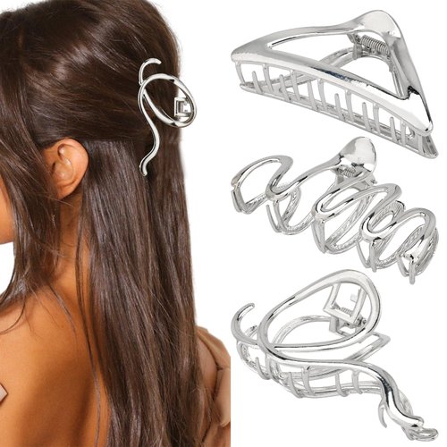 Hapdoo 3Pcs Silver Metal Hair Clips for Women, Medium Hair Claw Clips for Girls, Strong Hold Jaw Clips Thick Thin Hair Accessories