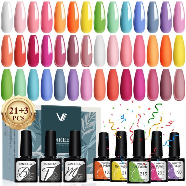 VANREESA 24 Pcs Gel Nail Polish Set 21 Colors Gel Nail Polish Base Coat Glossy & Matte Top Coat White Pink Green Blue Purple Gel Polish Gel Nail Kit Gifts for Women DIY at Home
