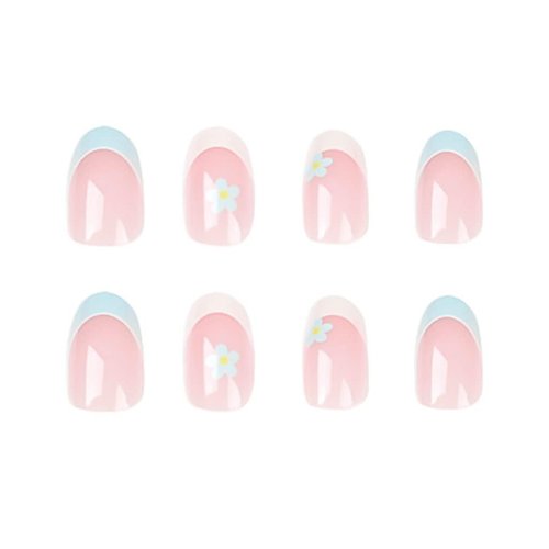 RikView French Tip Press on Nails Medium Fake Nails White Stick on Nails with Flowers Design Almond Blue Nails for Women