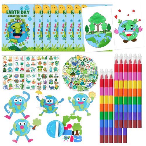 Cinrobiye 72 Pcs Earth Day Party Favors Gifts，Save the Planet Coloring Books with Stacking Crayons，Earth Party Crafts DIY Kit，Travel Party Stickers World Environment Day Decorations for Classroom