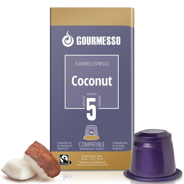 Gourmesso 100ct Coconut Flavored Nespresso Pods I Compatible with Nespresso Original Capsule Machines | Espresso Flavor Coconut | Fairtrade Coffee Capsules