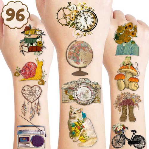 96 PCS Vintage Aesthetic Tattoo Stickers Temporary Tattoos Birthday Party Decorations Favors Supplies Decor Retro Boho Sticker Gifts for Kids Women Adults Girls Boys School Rewards Carnival Christmas