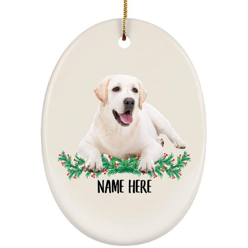 Funny Labrador Retriever White Cream Lying Personalized Name Gifts 2025 Christmas Tree Ornaments Oval Ceramic