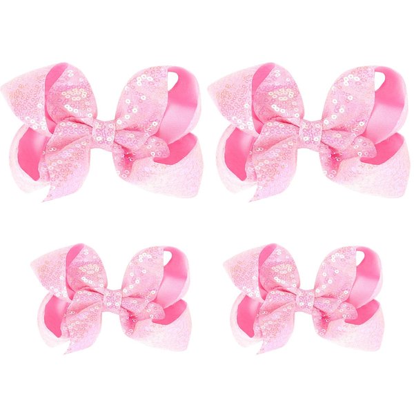 Sequin Hair Bows, 4 PCS Sparkly Glitter Bows with Alligator Hair Clip Hair Barrettes for Little Girls Toddlers Kids Teens Party Gift (5.7inch ×2, 4.3inch ×2) (Pink)
