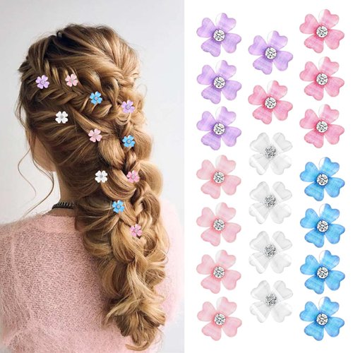 20 Pcs Mini Clover Flower Hair Clips with Cute Rhinestone Hair Barrettes, Convenient Hairpins Easy for Braids Hairstyles, Braiding Hair Accessories for Girls Women (20 Pcs- Mix Color)