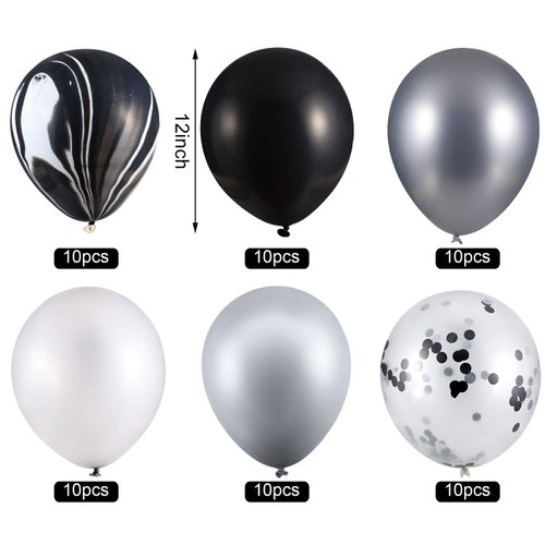 Hsei 60 Pieces Black Tie Dye Balloons Black White Silver Agate Latex Marble Balloons Colorful Balloons for Jungle Wedding Office Birthday Party Supplies