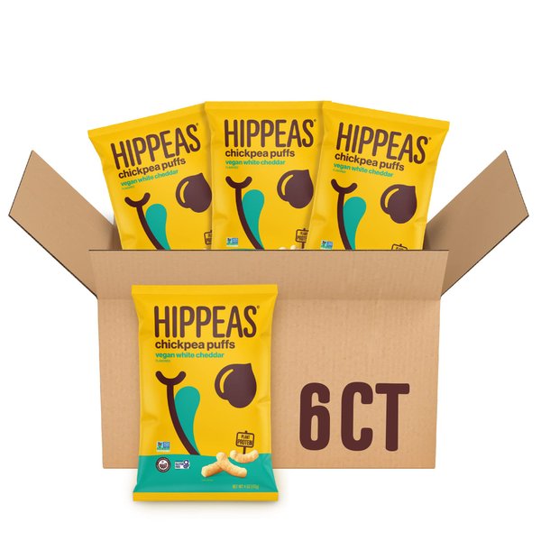Hippeas Chickpea Puffs, Vegan White Cheddar, 4 Ounce (Pack of 6), 4g Protein, 3g Fiber, Vegan, Gluten-Free, Crunchy, Plant Protein Snacks