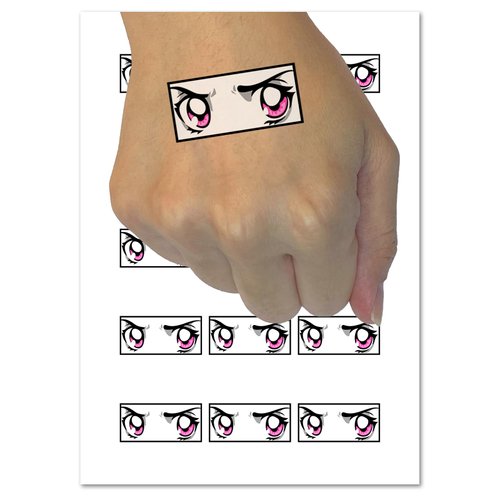 Angry Suspicious Anime Manga Eyes Pink Temporary Tattoo Water Resistant Fake Body Art Set Collection - 54 1" Tattoos (1 Sheet)
