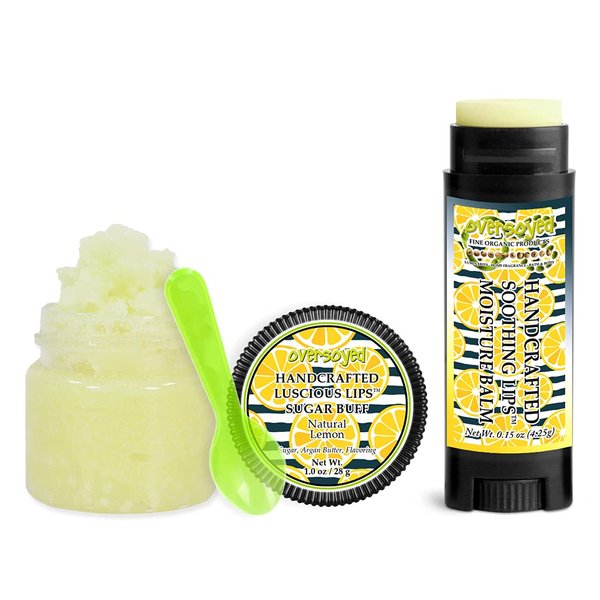 Natural Lemon Soothing & Luscious Lips by OverSoyed Exfoliator & Chapped Lip Repair Lip Care Combo | Artisan Handcrafted to Order Sparkling Citrus Flavored Exfoliating Sugar Lip Scrub & Lip Moisturizer Balm Gift Set