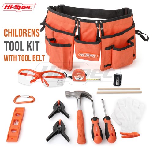 Hi-Spec 16pc Orange Kids Tool Set & Child Size Tool Belt With Real Metal Hand Tools for Building, Woodwork & Construction Learning