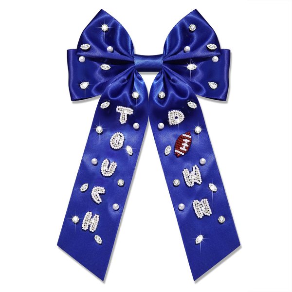 NLCAC Football Hair Bows Beaded Touch Down Game Day Bows for Women Long Tail Satin Bow Barrette Hair Clip Game Day Outfits Hair Accessories for Women Sports Fan Gifts Blue