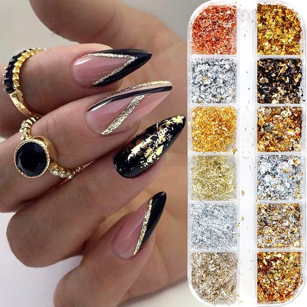 Holographic Nail Glitter Gold Foils for Kit, 12 Grids Sparkly Ultra-Thin Aluminum Foil Nail Art Flakes Designs, Powder Nail Glitters Sequins Acrylic Supplies DIY Manicure Charms Decorations, for Women