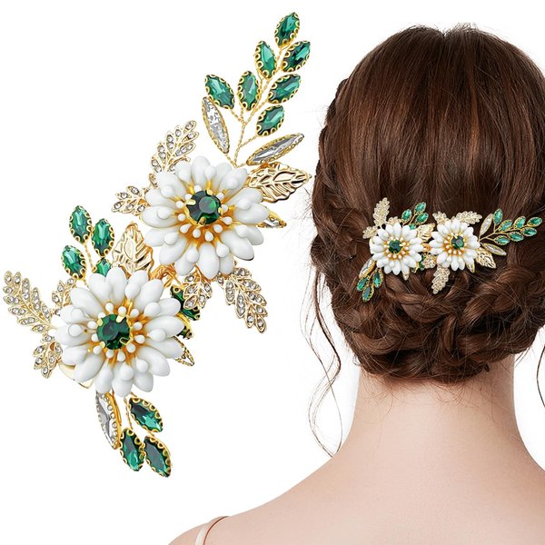 Green Crystal Bride Wedding Hair Clip Flower Gold Leaf Hair Pin Rhinestone Headpiece Jewelry Wedding Hair Accessories for Women Girls