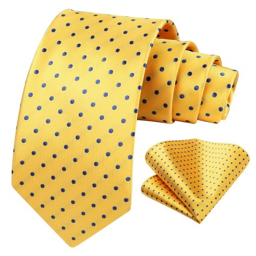 HISDERN Mens Yellow Polka Dot Ties and Pocket Square Set Woven Silk Necktie & Handkerchief for Men Business Party
