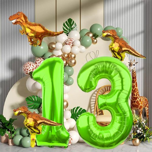 LEBERY Dinosaur Number 1 Ballloon, 40 Inch Green Number 1 Balloon, Mini Dino Foil Balloons Baby Dinosaur Balloons for Kid Dino Theme Jungle Birthday Baby Shower Party Decorations
