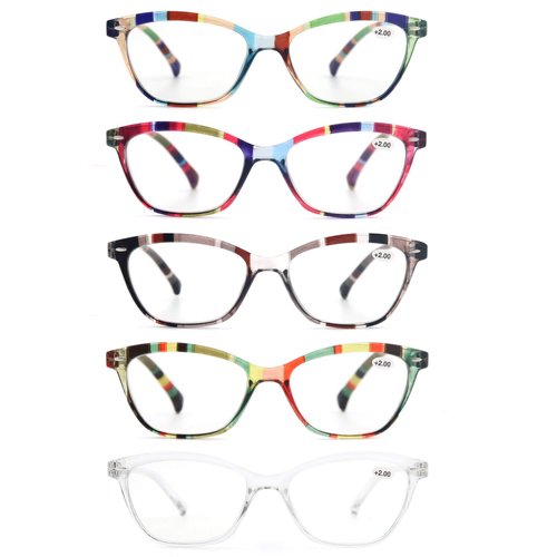 MODFANS Womens Reading Glasses Women 5 Pack Fashion Ladies Readers Comfort Spring Hinge Lightweight cateye Frame with Pouch 1.25