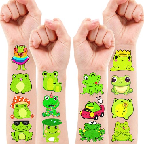 102 PCS Frog Temporary Tattoos Birthday Party Decorations Favors Supplies Decor Green Frog Princess Reptile Stickers For Teacher Boys Girls Gift School Prizes Rewards