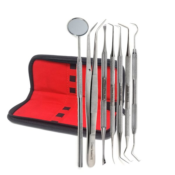 7 Pcs Dental Kit Scraper, Mirror, Serrated Tweezers, Double Ended Picks for Professional Teeth Cleaning Calculus Plaque Remover Made of Stainless Steel for Oral Care with Knurled Handle and Case