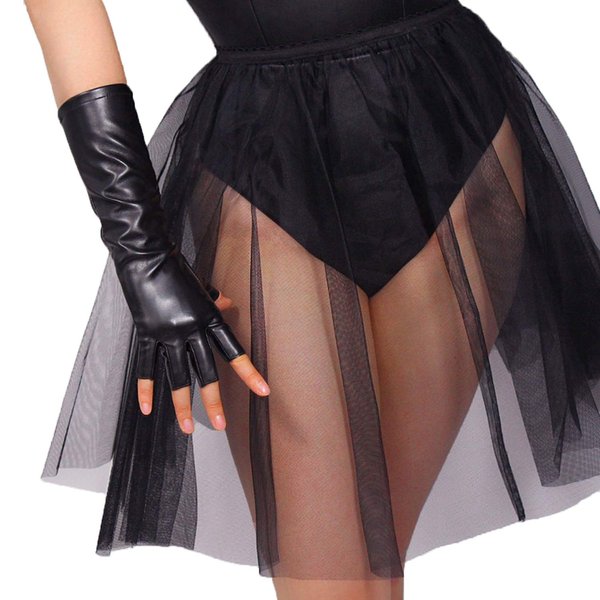 DooWay Black Fingerless Gloves Women Faux Lambskin 11" Half Finger Leather Gloves for Motorcycle Driving Rock Catwomen Costume