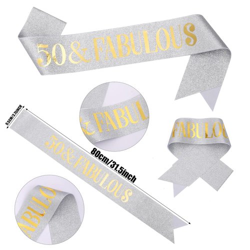 Sliver Gold "50 & Fabulous"Sash & Rhinestone Tiara Set, 50th Birthday Gifts for Women, Birthday Sash/Tiara for Women's 50th Birthday Party Decoration (Sliver 50th)