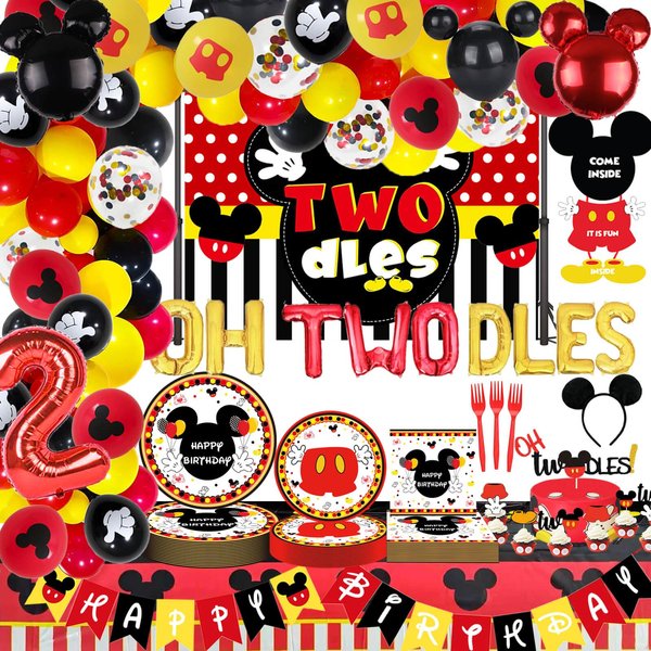 185 Pcs Oh Twodles Birthday Decor, Oh Twodles Balloons Arch Garland Kit, Red Two Backdrop, TableCloth, Tableware for Baby Boy 2nd Bday Party Supplies Decorations