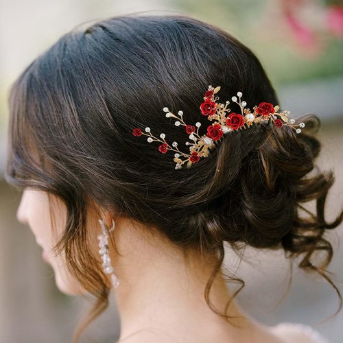 Foyte Crystal Flower Wedding Hair Comb Red Rose Headpiece Gold Hair Piece Bride Pearl Hair Accessories for Women and Girls