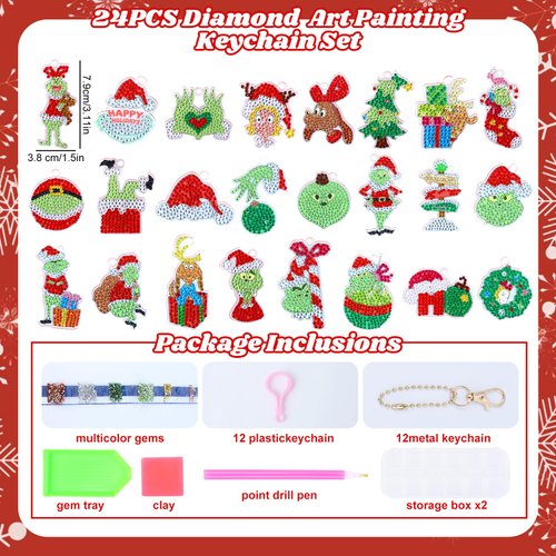Diamond Art Painting Kits Advent Calendar 2024 24 Days Diamond Art Painting Keychain Red Green DIY Diamond Art Painting Kits Christmas Countdown Calendar DIY Art Crafts for Holiday Gifts