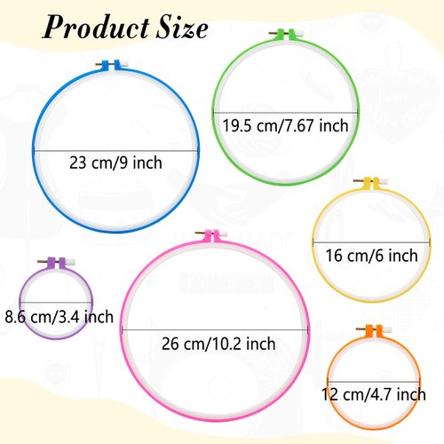Pllieay 6 Pieces Plastic Embroidery Hoops Set and 16 Pieces Needles Plastic Circle Cross Stitch Hoop Ring 3.4 inch to 10.2 inch for Embroidery and Cross Stitch(Multicolor)