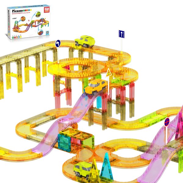 PicassoTiles 60pc Race Car Track Magnetic Tiles Travel Toy Sensory Magnet Tile Toys for Toddlers STEM Educational Learning Preschool Play Construction Stacking Blocks Kids Boys Girls Ages 3+ PTMR60
